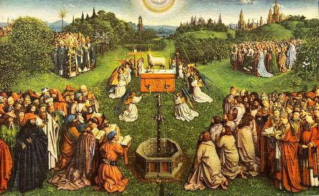 Art work by  Anonimo L'Adorazione dell'Agnello Mistico , omaggio a  Jan van Eyck - print table 